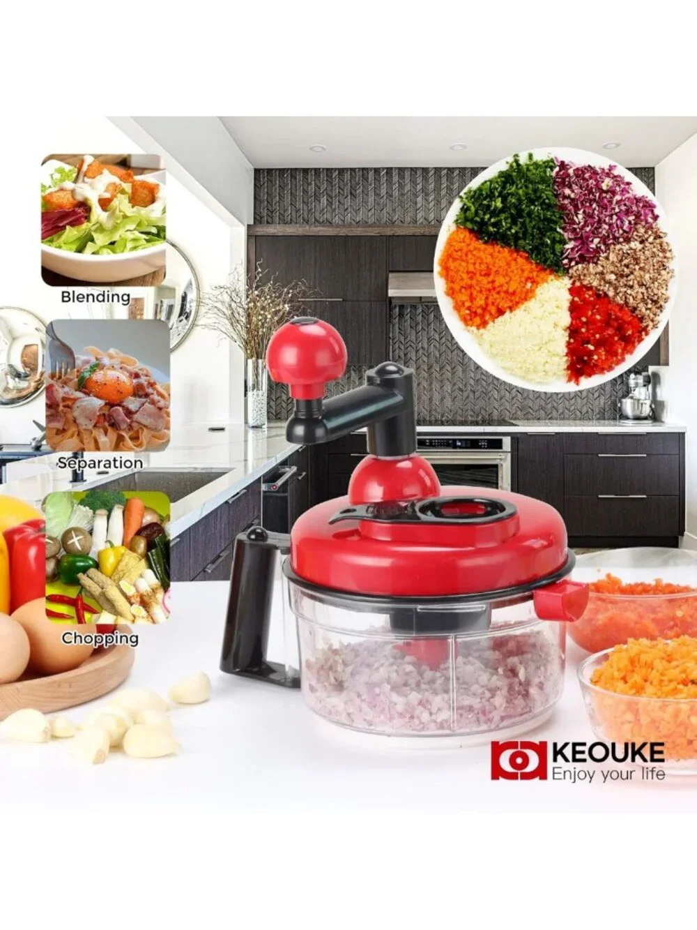 Manual Food Chopper with Egg Separator - Easy Clean Vegetable Mixer for Salsa
